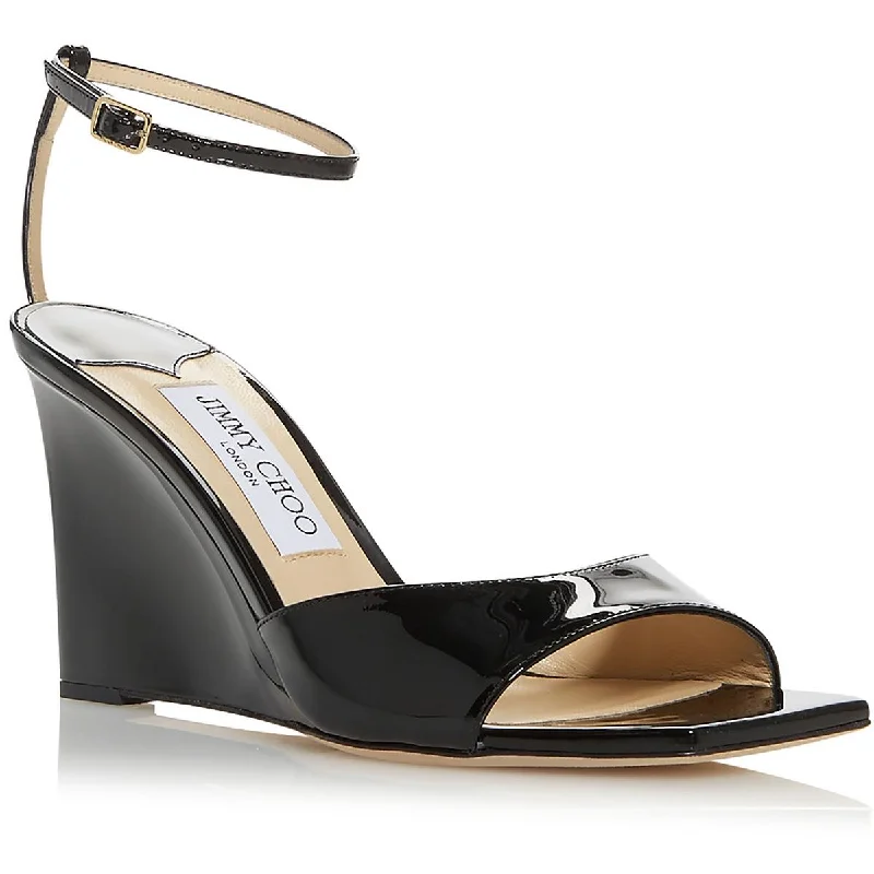 Jimmy Choo Womens Brien 85 Patent Leather Ankle Strap Wedge Sandals