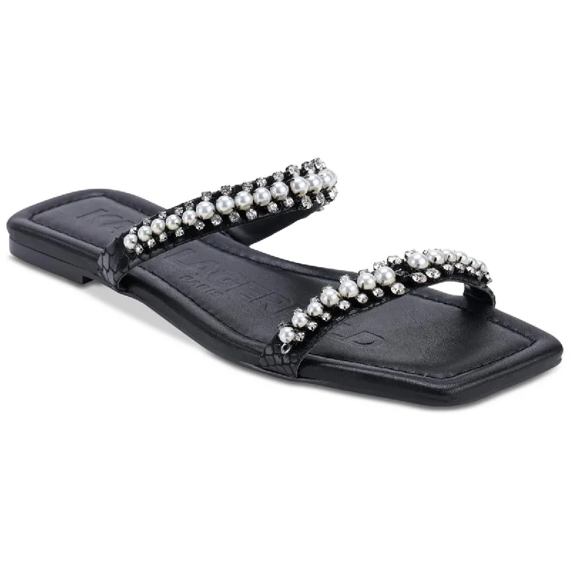 Karl Lagerfeld Paris Womens Payzlee Faux Leather Rhinestone Slide Sandals