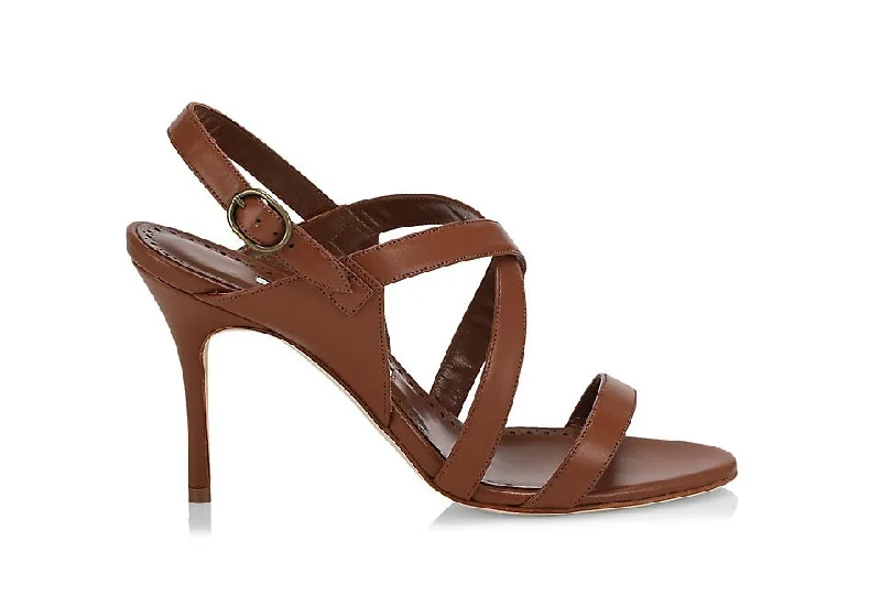 Manolo Blahnik Women Singanu Strappy High Heels Leather Sandals Brown