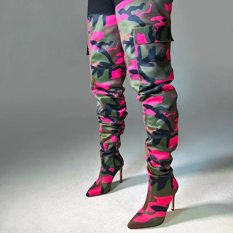 Ari Over The Knee Boots In Pink/camo