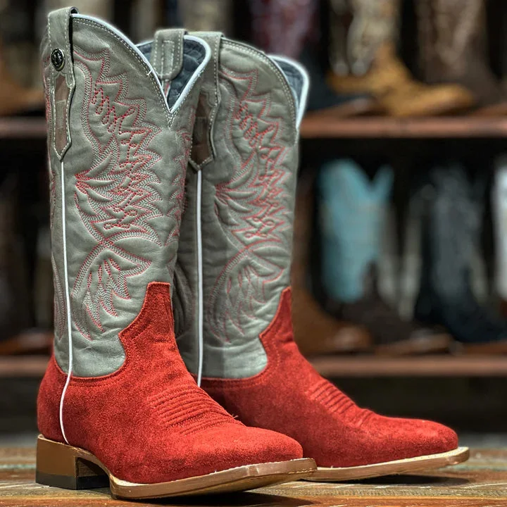 Tanner Mark Ladies Ruff Out Red and Grey Square Toe Western Boot