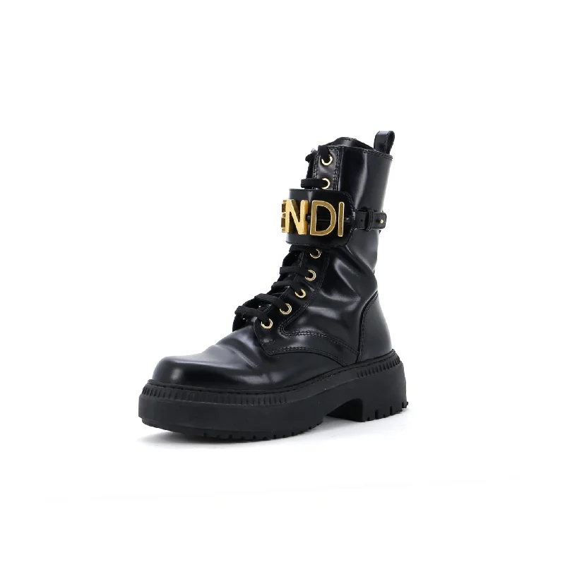 Women's Fendigraphy Biker Combat Boots Leather with Metal