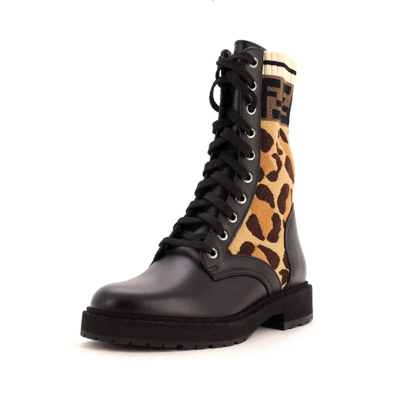 Women's Rockoko Combat Boots Leather with Printed Knit Stretch Fabric and Zucca Trim