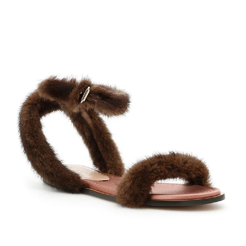 Water-Resistant Shoes Sale Valentino Women's Mink Fur Leather Ankle-Strap Flat Sandals Brown