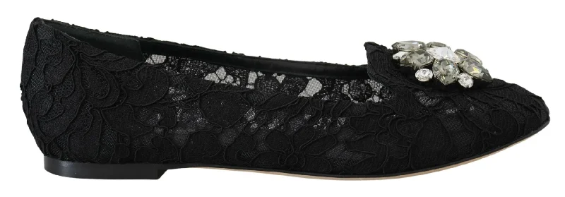 Dolce & Gabbana  Black Lace Ballerina Flats with Crystal Embellishments