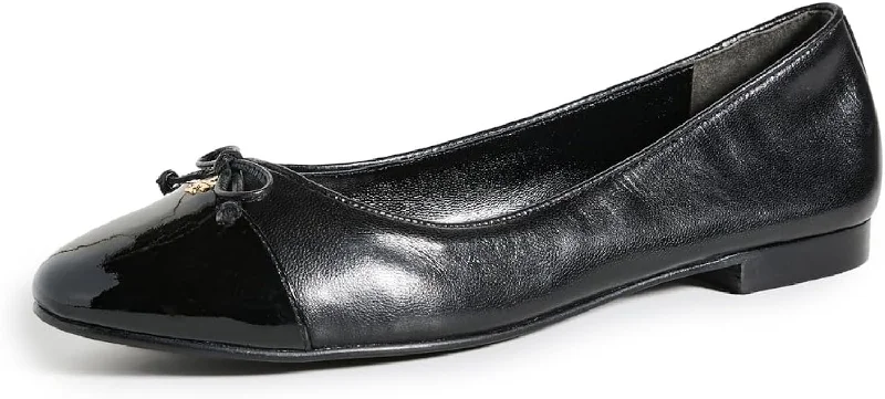 Tory Burch Women's Cap Bow Toe Leather Ballet Flat, Perfect Black/Perfect Black