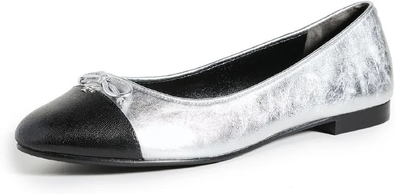 Tory Burch Women's Cap-Toe Ballet Flats w/Bow, Silver/Perfect Black