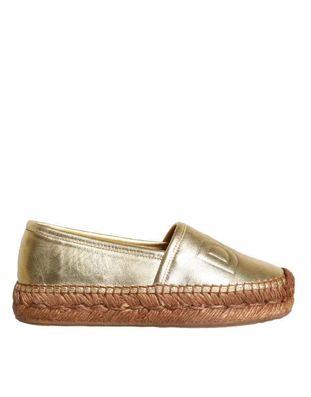 Dolce & Gabbana Gold Leather Loafers Flats Espadrille Women's Shoes